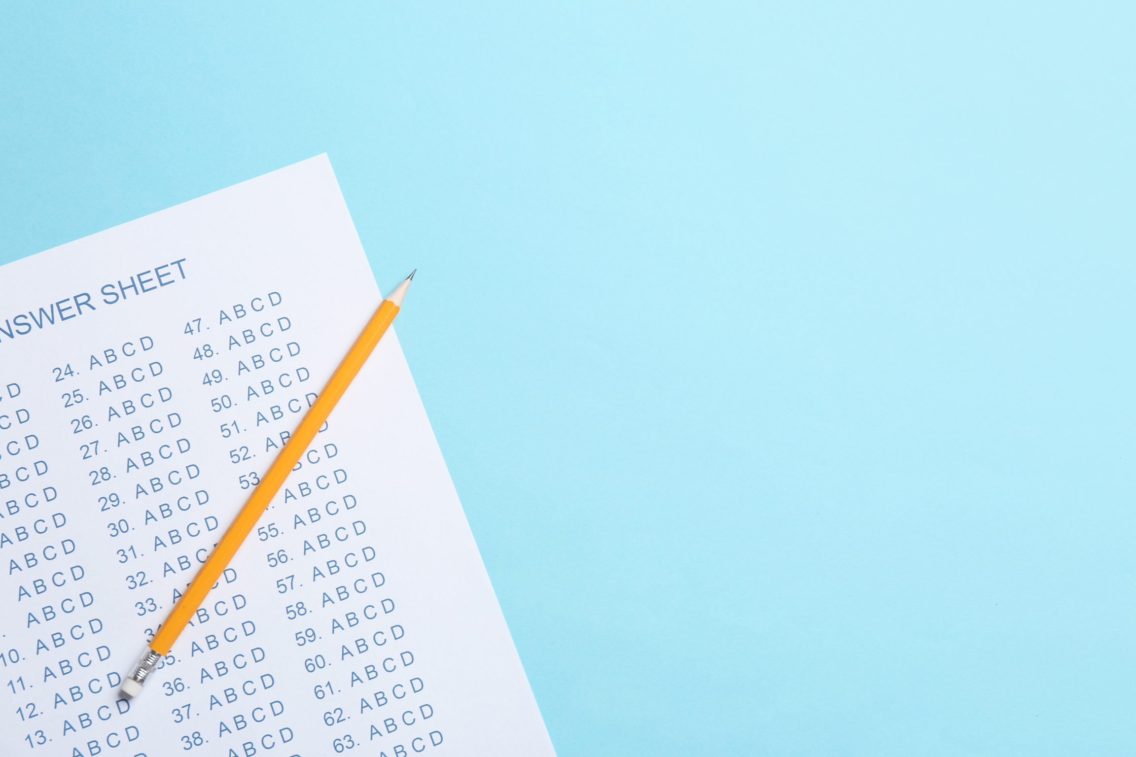 Answer Sheet and Pencil on Color Background, Top View with Space for Text